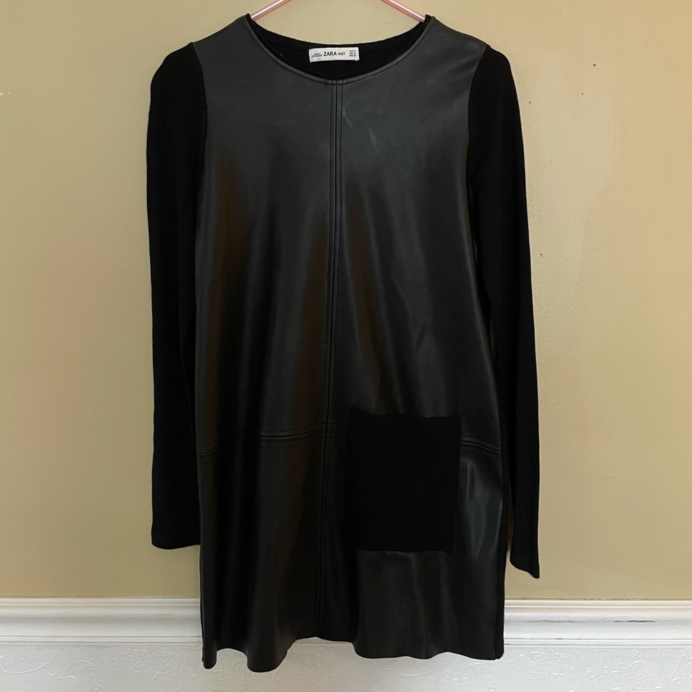 Zara Knit Black Long Sleeve Leather Sweater Dress
